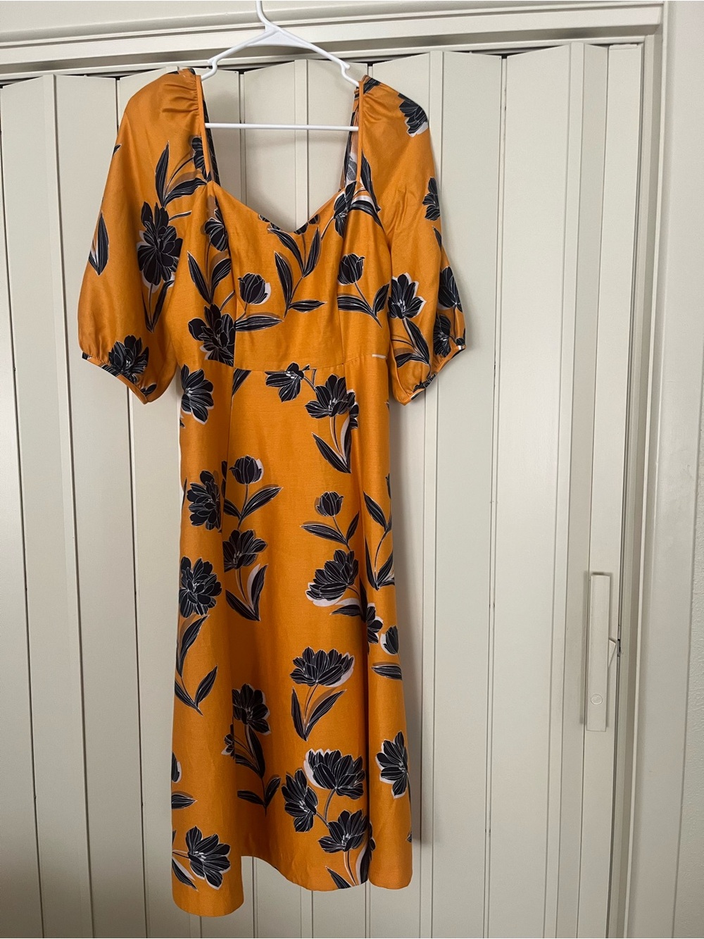 Draper James Mustard Orange Midi Dress with Navy Floral Print
